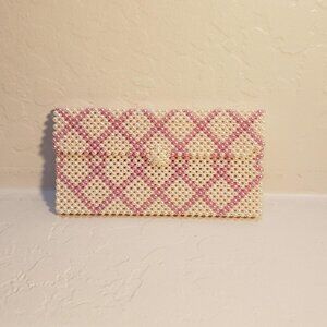 VINTAGE BEADED WALLET Pink and cream.